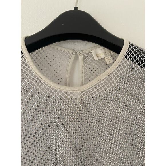 Ronny Kobo Mesh Top with Rhinestone Mesh Size Medium Siver Tan - Picture 2 of 4